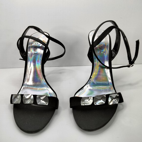 WET SEAL Sandals Ankle Strap Black Satin & Diamonds Silver 4.5" Stilettos Sz 9 - Picture 2 of 14